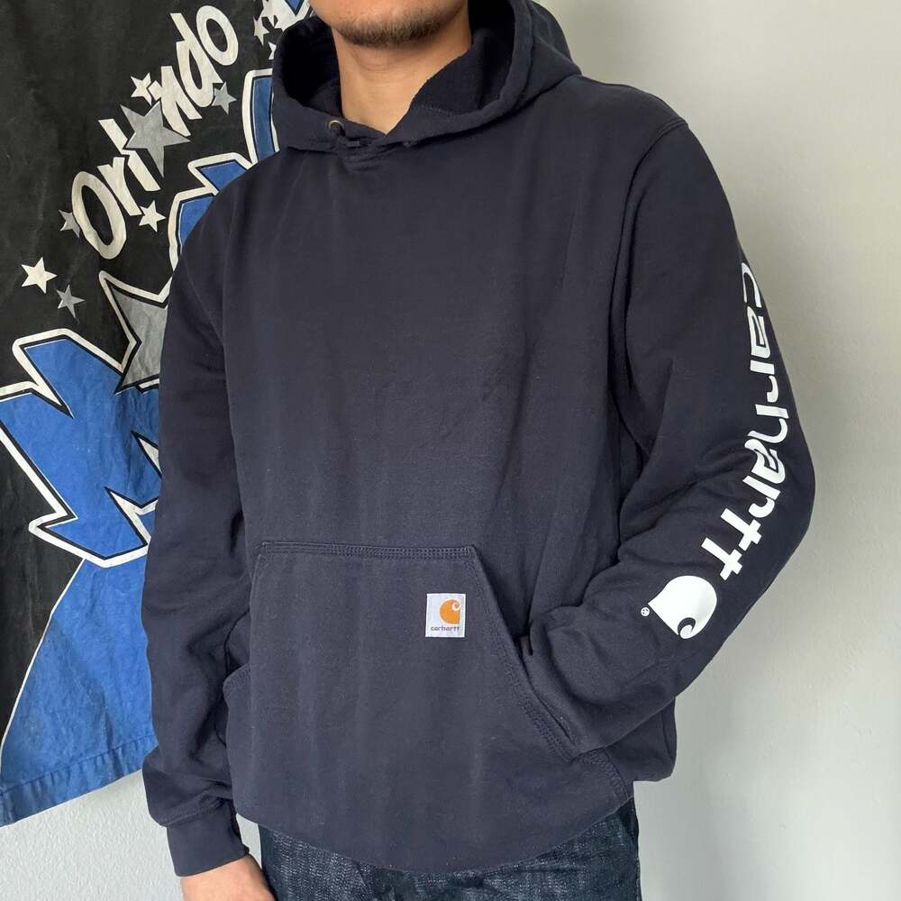 Carhartt Loose Fit Midweight Hoodie Navy Logo Sleeve Pullover Men’s Large